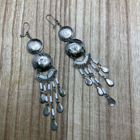 Peruvian Handmade Coin Dangle Silver Tone Boho Earrings - Picture 2 of 5
